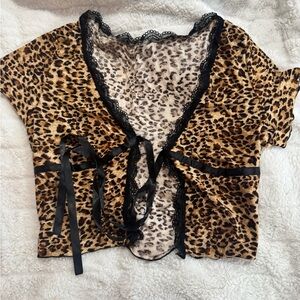SHEIN Leopard Print Blouse with Black Lace Trim